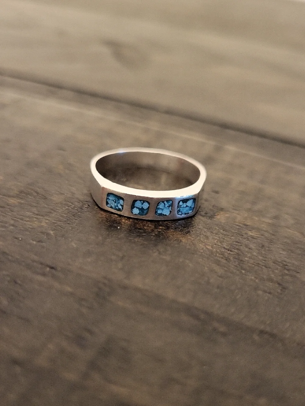 Vintage Mexico 925 Sterling Turquoise Mosaic Chip Inlay Band Ring
